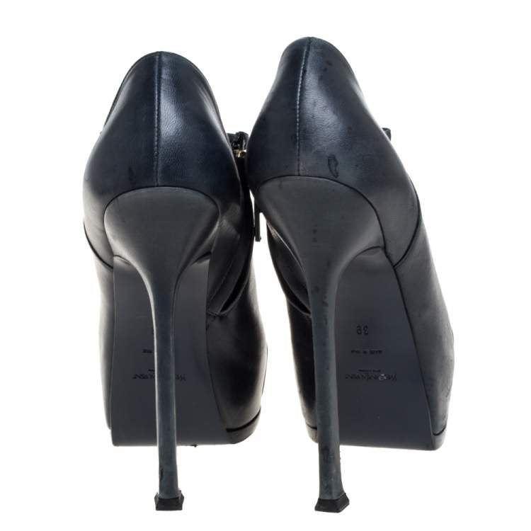 Pre Owned Saint Laurent Paris Blue/Black Leather Tribtoo Cap Toe Platform Ankle Booties Size 39
