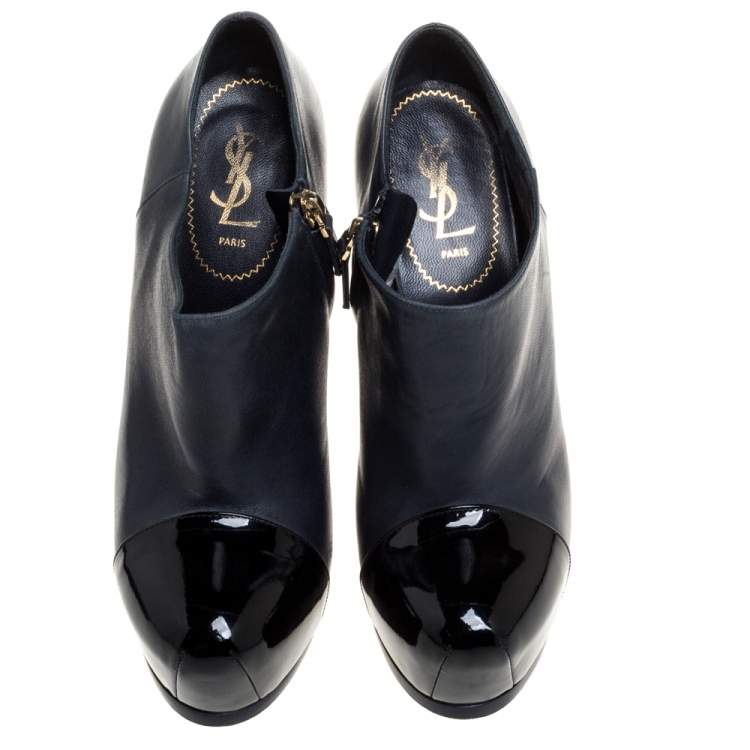 Pre Owned Saint Laurent Paris Blue/Black Leather Tribtoo Cap Toe Platform Ankle Booties Size 39
