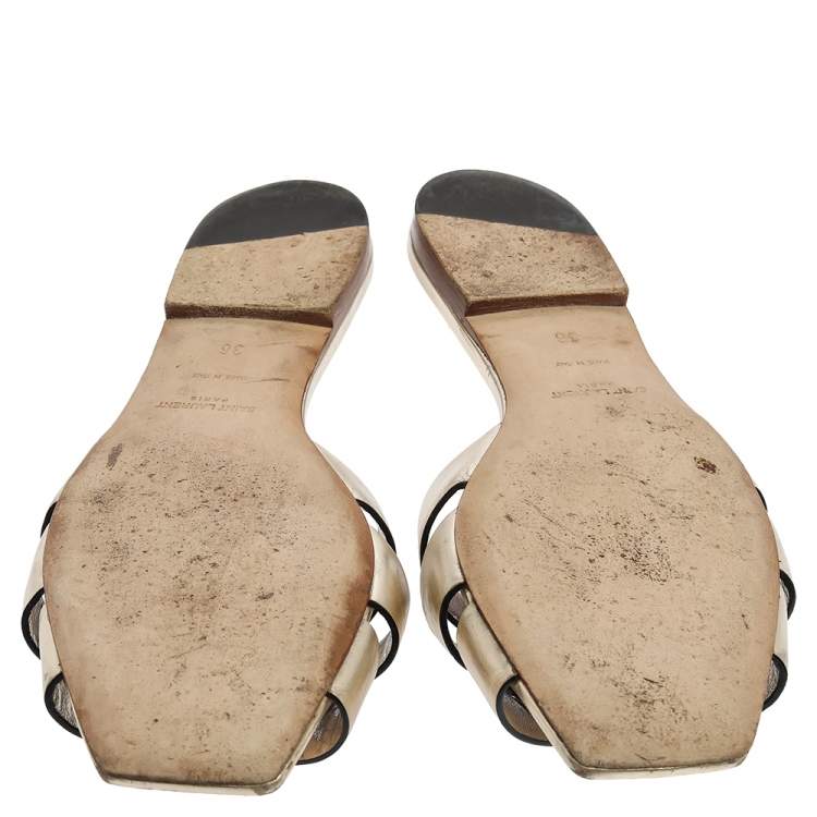 Pre Owned Saint Laurent Paris Gold Leather Tribute Slide Flats Size 36