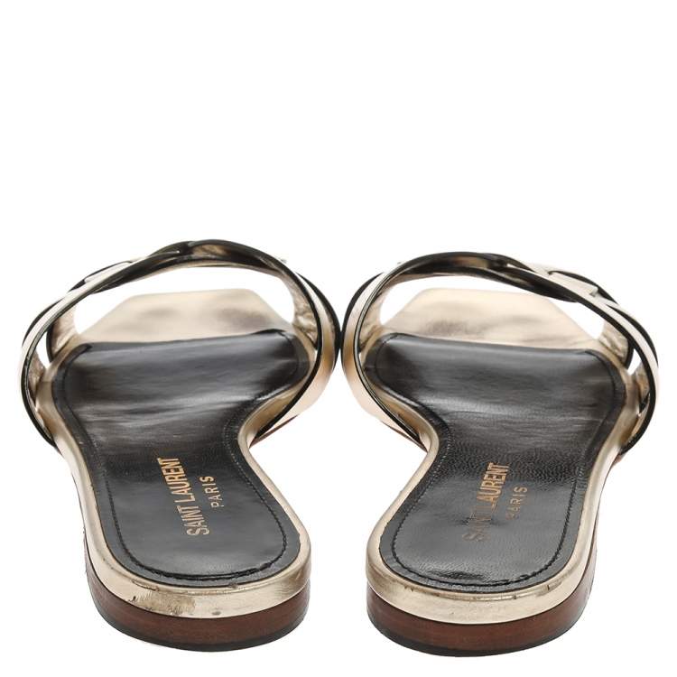 Pre Owned Saint Laurent Paris Gold Leather Tribute Slide Flats Size 36