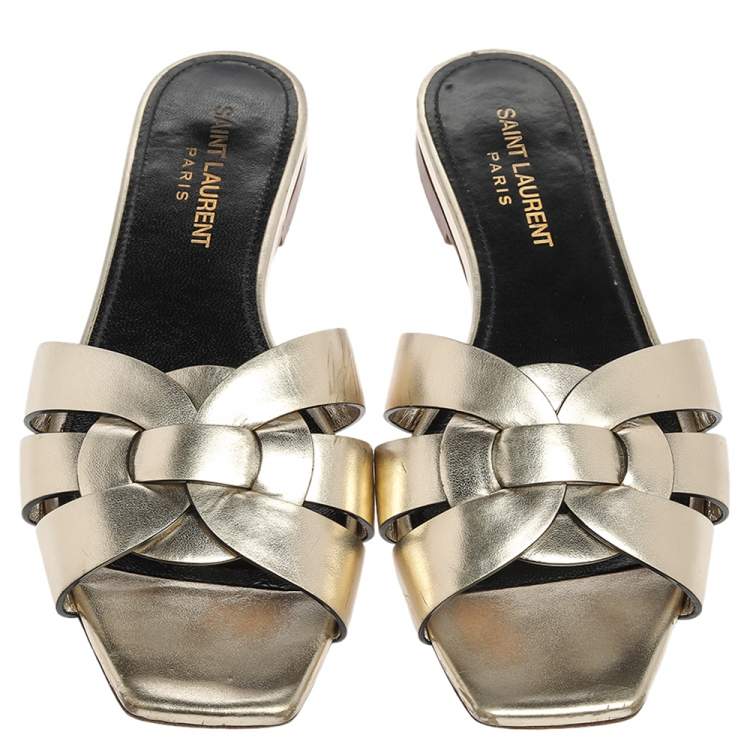 Pre Owned Saint Laurent Paris Gold Leather Tribute Slide Flats Size 36