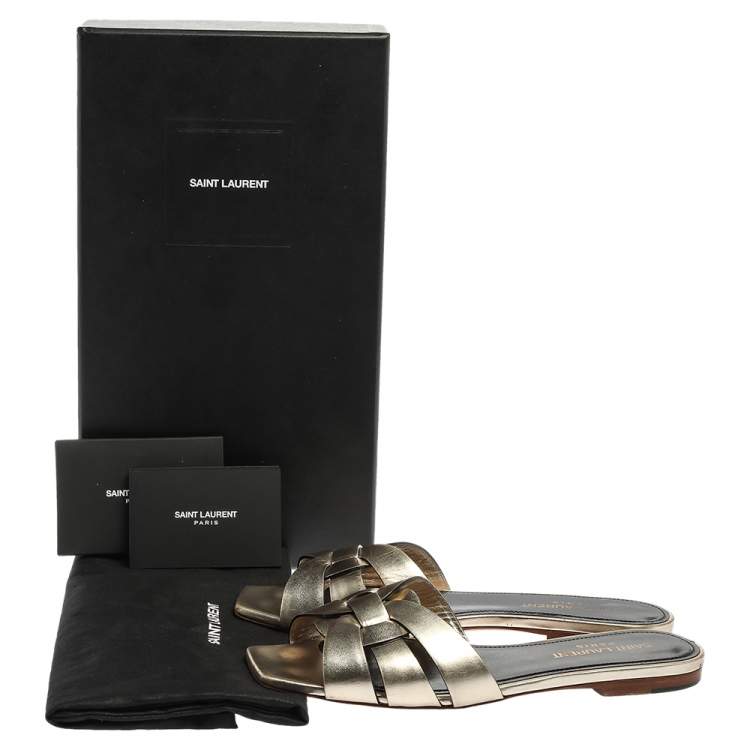 Pre Owned Saint Laurent Paris Gold Leather Tribute Slide Flats Size 36