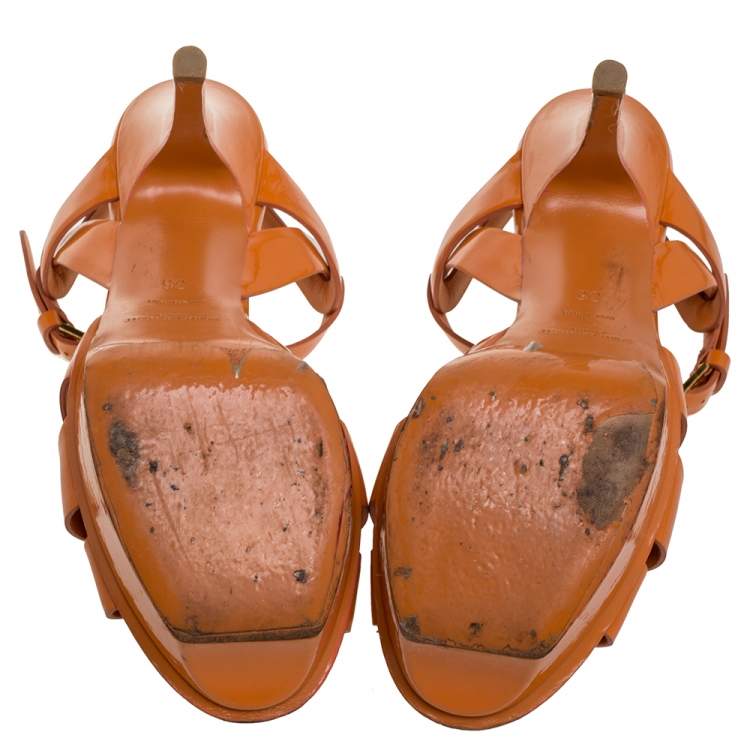 Pre Owned Saint Laurent Paris Orange Patent Leather Tribute Sandals Size 35