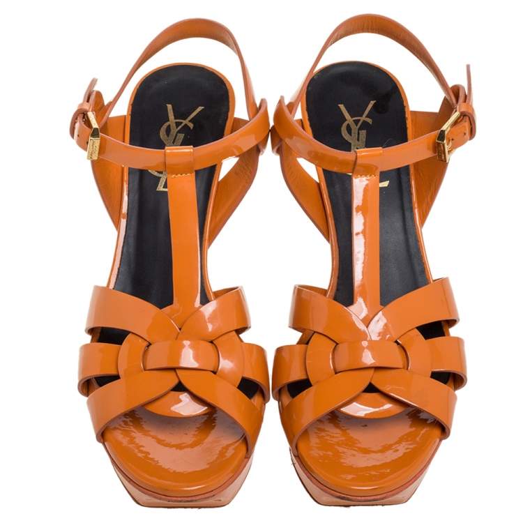 Pre Owned Saint Laurent Paris Orange Patent Leather Tribute Sandals Size 35