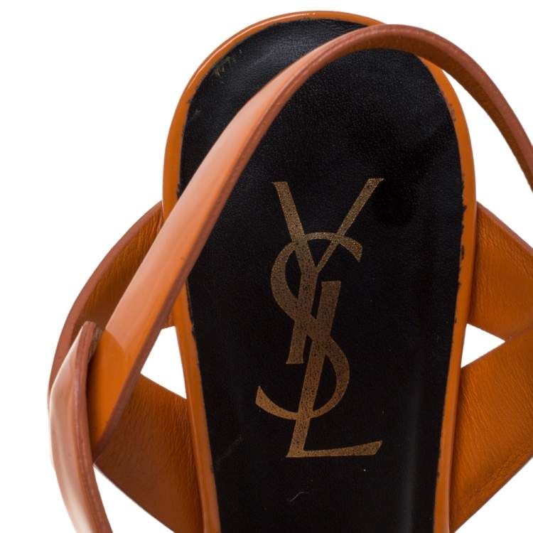 Pre Owned Saint Laurent Paris Orange Patent Leather Tribute Sandals Size 35