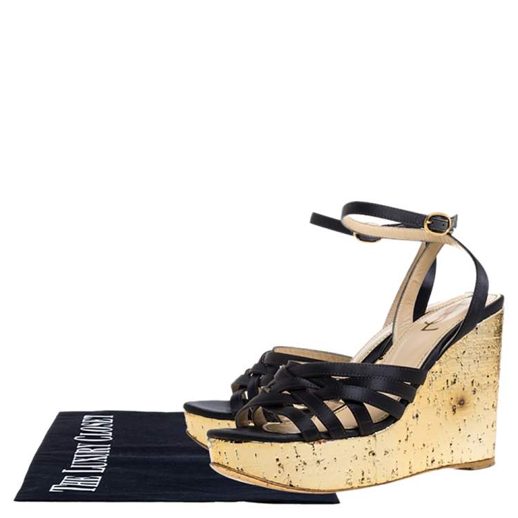 Pre Owned Yves Saint Laurent Paris Dark Grey/Gold Satin Strappy Ankle Strap Wedge Sandals Size 36