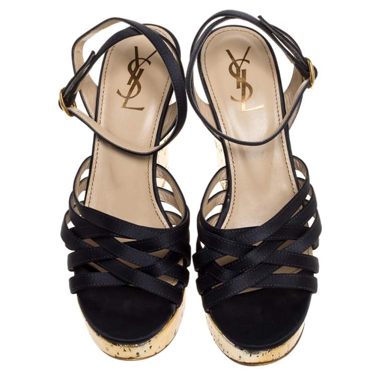 Pre Owned Yves Saint Laurent Paris Dark Grey/Gold Satin Strappy Ankle Strap Wedge Sandals Size 36