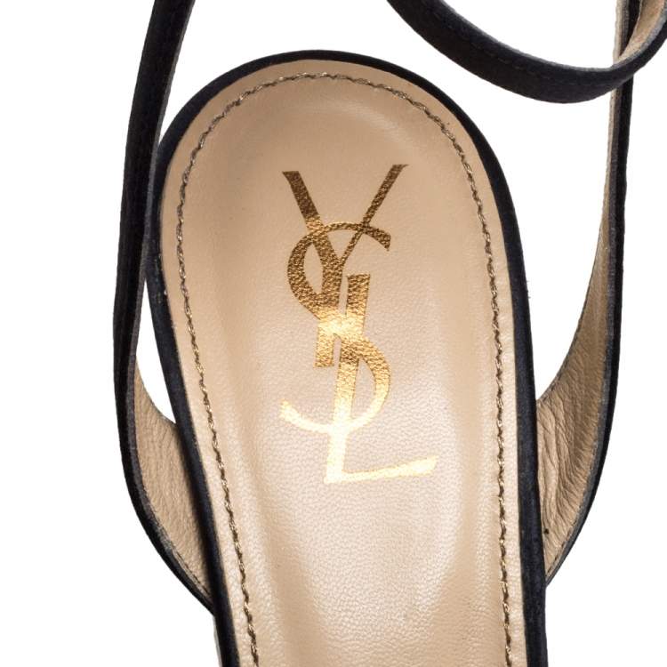 Pre Owned Yves Saint Laurent Paris Dark Grey/Gold Satin Strappy Ankle Strap Wedge Sandals Size 36