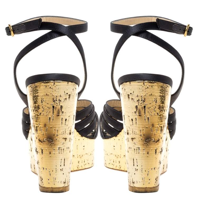 Pre Owned Yves Saint Laurent Paris Dark Grey/Gold Satin Strappy Ankle Strap Wedge Sandals Size 36