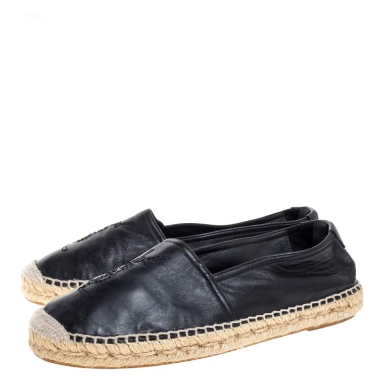 Pre Owned Saint Laurent Black Leather Logo Espadrilles Size 40