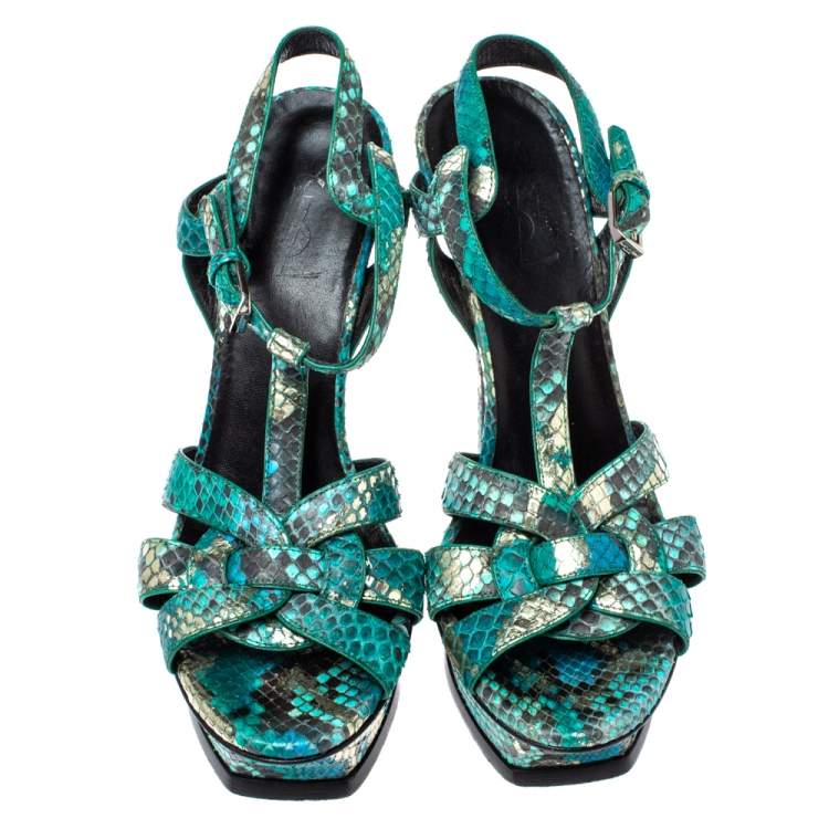Pre Owned Saint Laurent Paris Green Snakeskin Tribute Platform Sandals Size 38