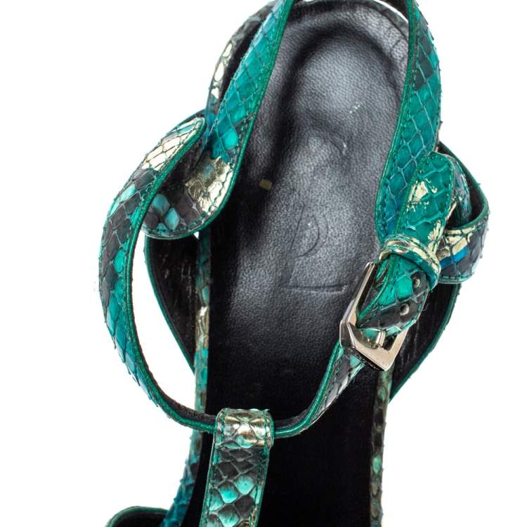 Pre Owned Saint Laurent Paris Green Snakeskin Tribute Platform Sandals Size 38