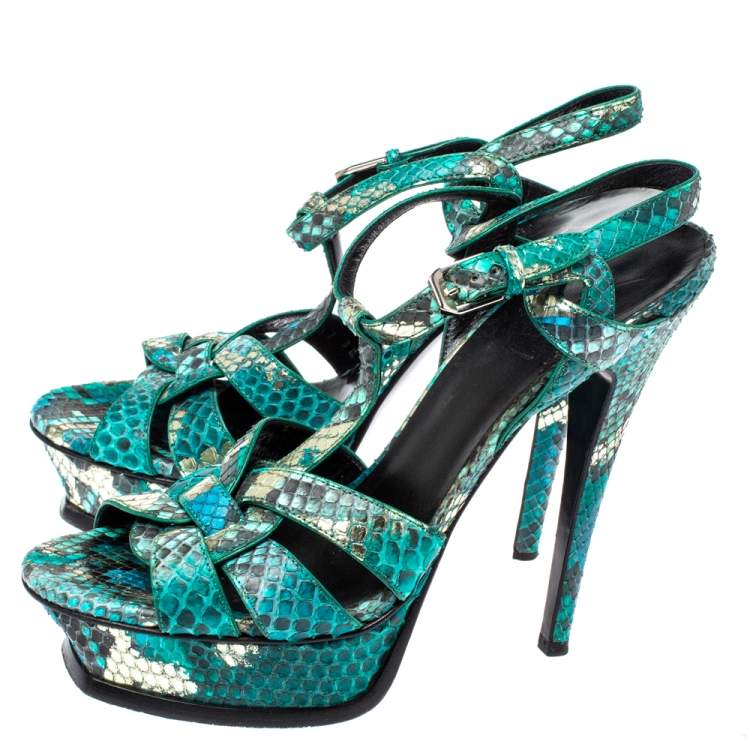 Pre Owned Saint Laurent Paris Green Snakeskin Tribute Platform Sandals Size 38