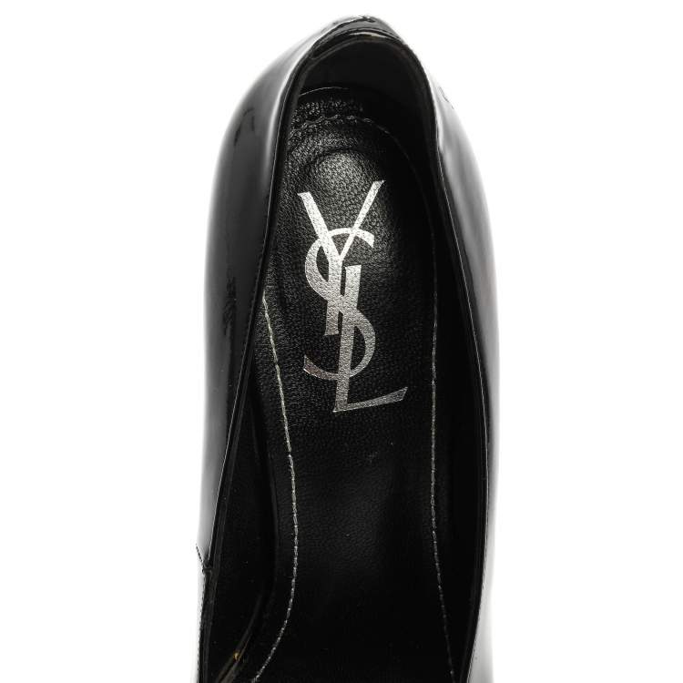 Pre Owned Yves Saint Laurent Paris Black Patent Leather Cage Heel Peep Toe Pumps Size 38