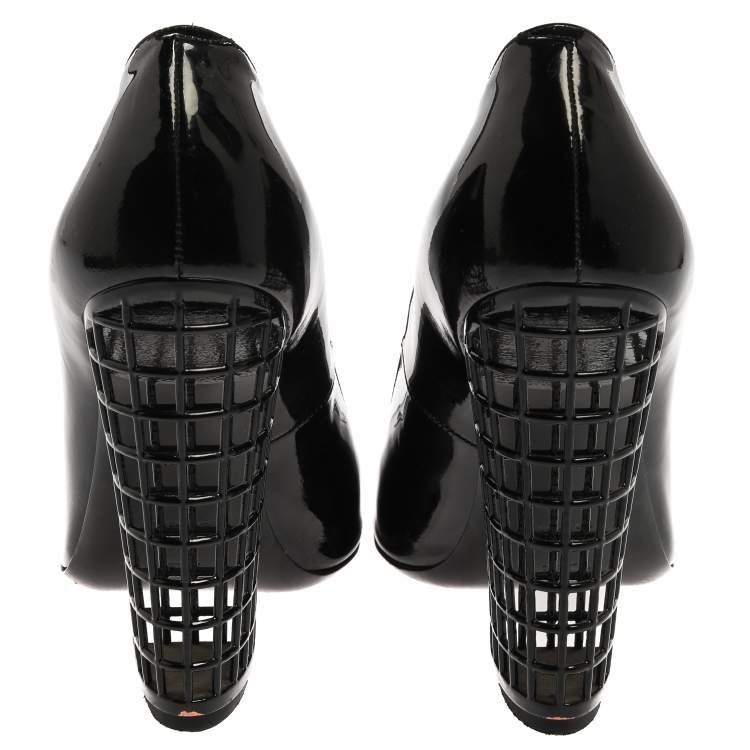 Pre Owned Yves Saint Laurent Paris Black Patent Leather Cage Heel Peep Toe Pumps Size 38