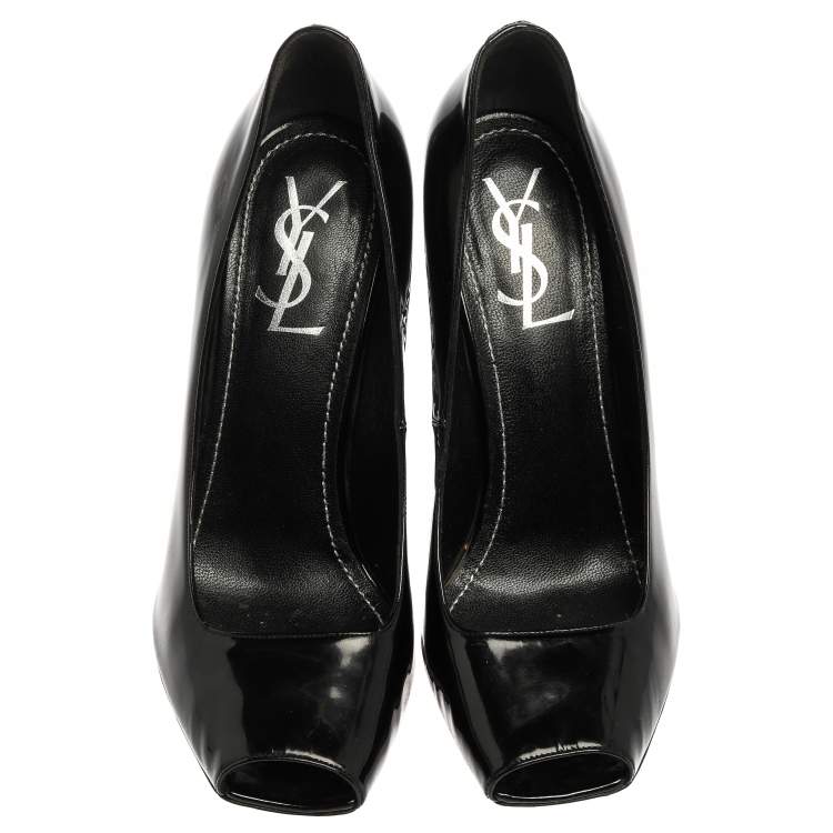 Pre Owned Yves Saint Laurent Paris Black Patent Leather Cage Heel Peep Toe Pumps Size 38