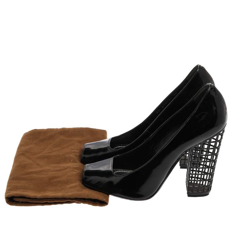 Pre Owned Yves Saint Laurent Paris Black Patent Leather Cage Heel Peep Toe Pumps Size 38