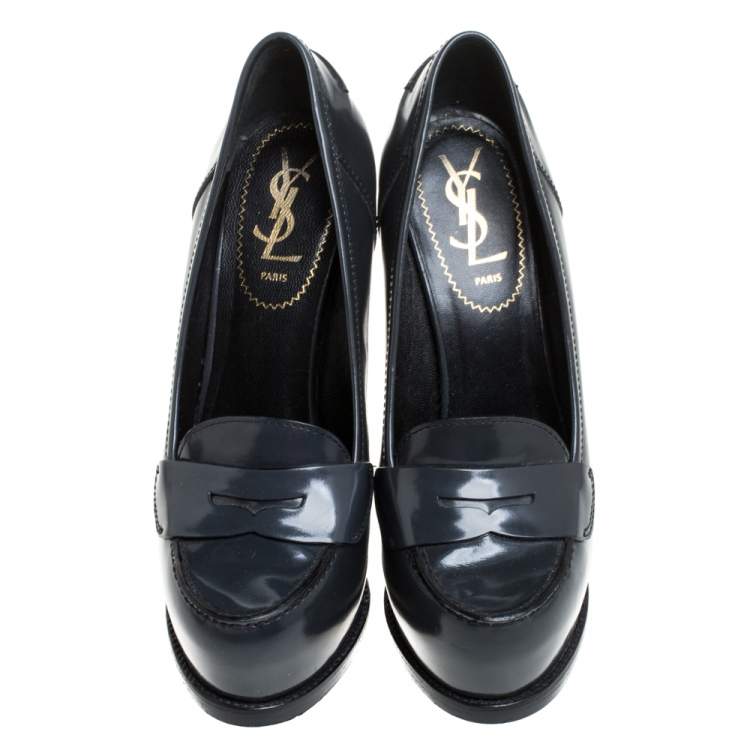 Pre Owned Yves Saint Laurent Grey Leather Tribtoo Penny Loafer Platform Pumps Size 36.5