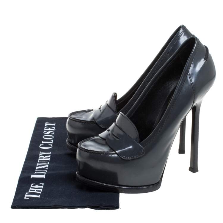 Pre Owned Yves Saint Laurent Grey Leather Tribtoo Penny Loafer Platform Pumps Size 36.5