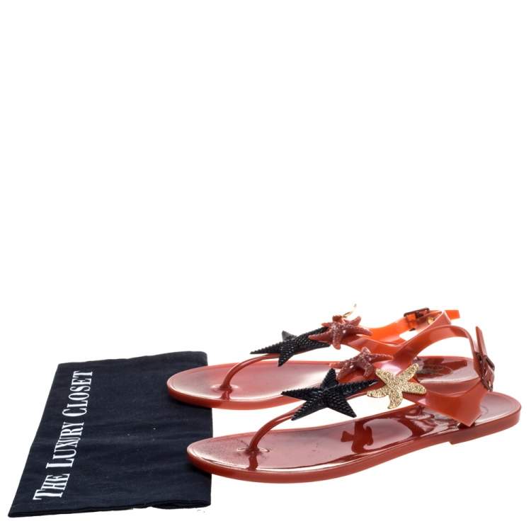 Pre Owned Saint Laurent Paris Brown Jelly Star Fish Embellished Thong Flats Size 39