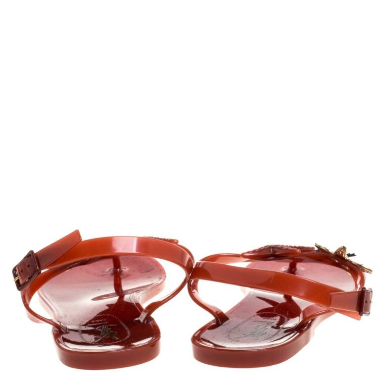 Pre Owned Saint Laurent Paris Brown Jelly Star Fish Embellished Thong Flats Size 39