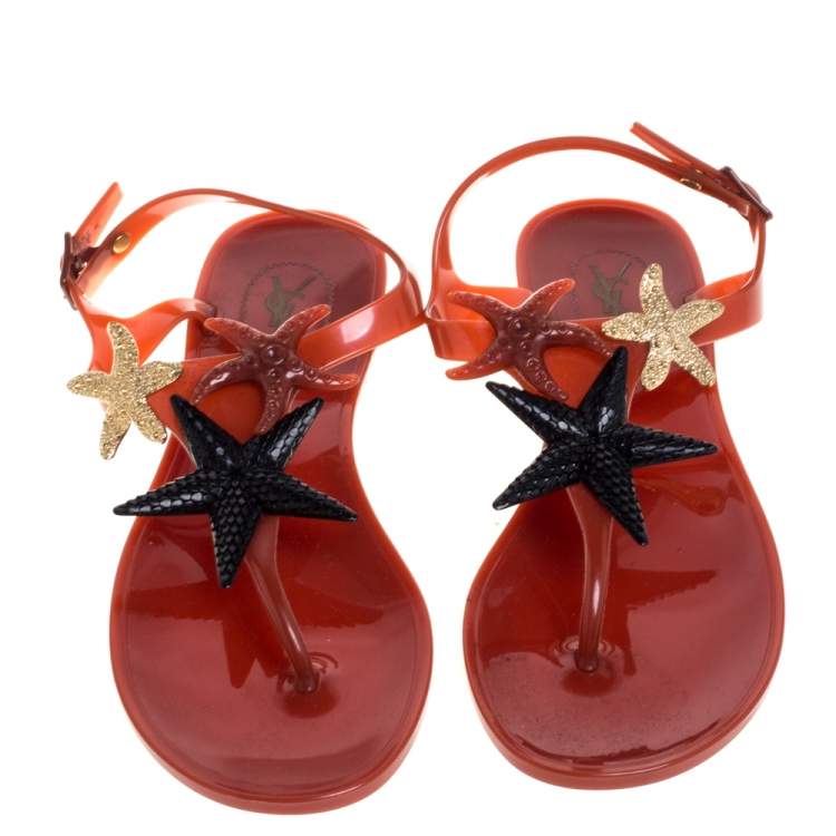 Pre Owned Saint Laurent Paris Brown Jelly Star Fish Embellished Thong Flats Size 39