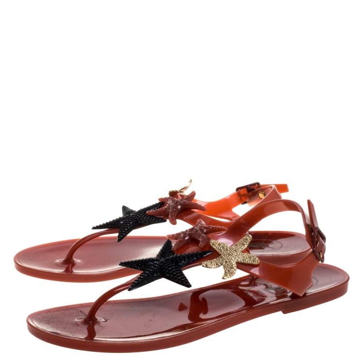 Pre Owned Saint Laurent Paris Brown Jelly Star Fish Embellished Thong Flats Size 39