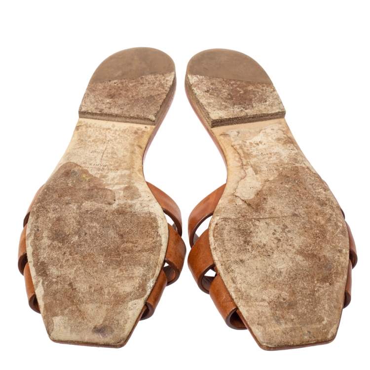 Pre Owned Saint Laurent Paris Brown Leather Tribute Flat Slides Size 35
