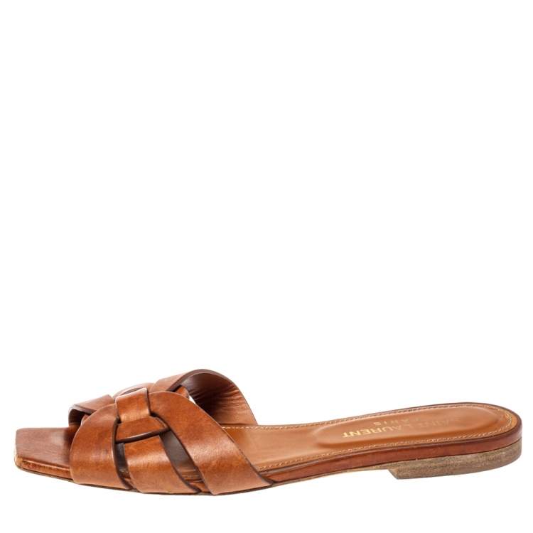Pre Owned Saint Laurent Paris Brown Leather Tribute Flat Slides Size 35
