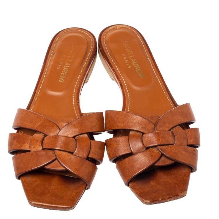 Pre Owned Saint Laurent Paris Brown Leather Tribute Flat Slides Size 35