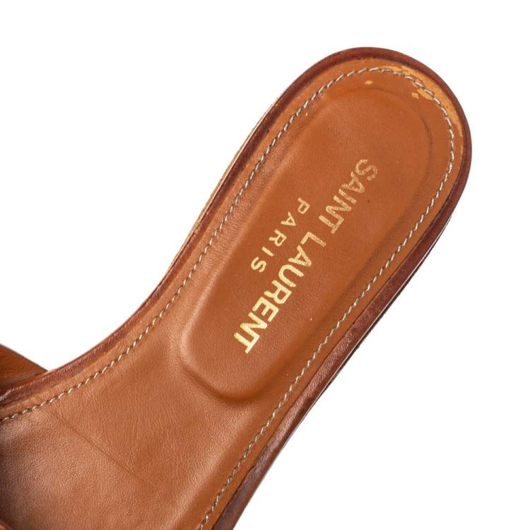 Pre Owned Saint Laurent Paris Brown Leather Tribute Flat Slides Size 35