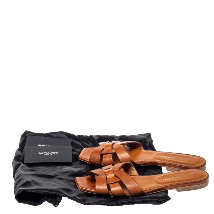 Pre Owned Saint Laurent Paris Brown Leather Tribute Flat Slides Size 35