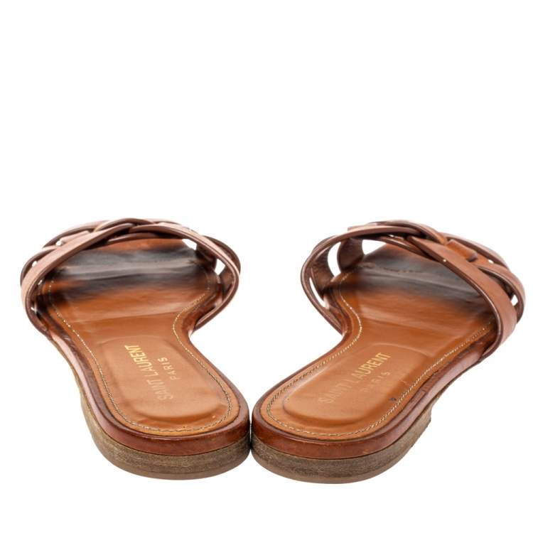 Pre Owned Saint Laurent Paris Brown Leather Tribute Flat Slides Size 35