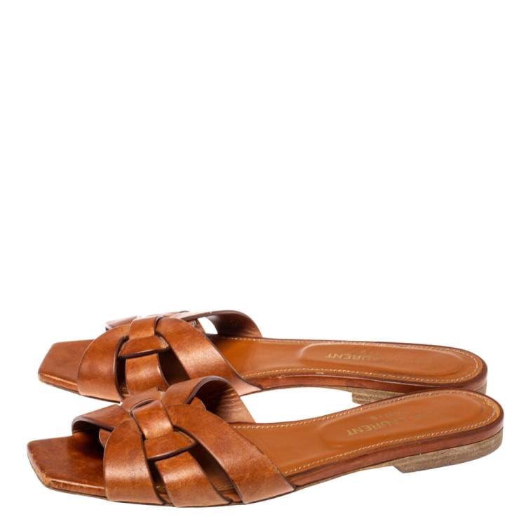 Pre Owned Saint Laurent Paris Brown Leather Tribute Flat Slides Size 35