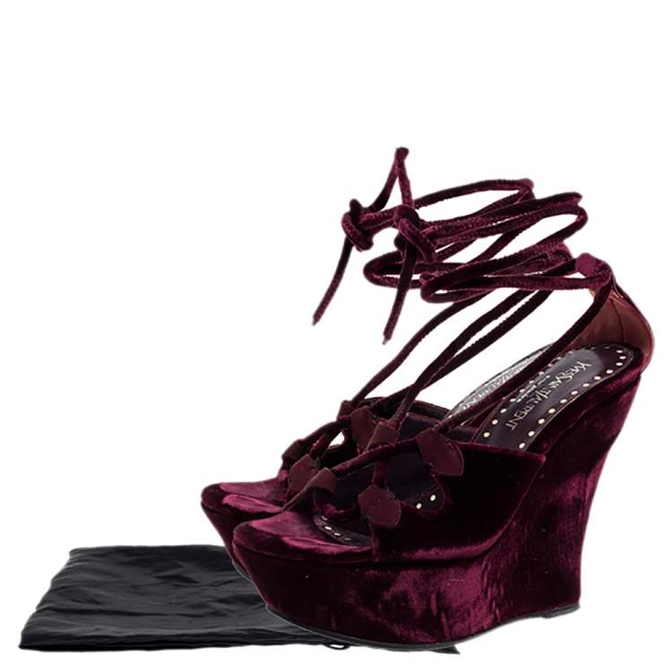 Pre Owned Saint Laurent Paris Burgundy Velvet Lace Up Platform Wedge Sandals Size 36