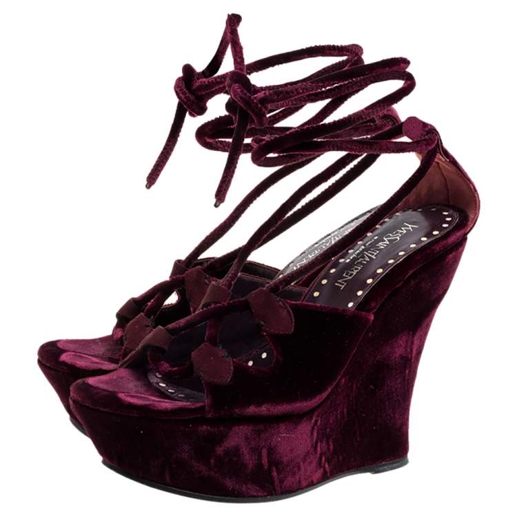 Pre Owned Saint Laurent Paris Burgundy Velvet Lace Up Platform Wedge Sandals Size 36