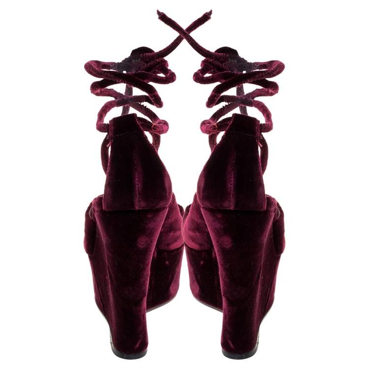 Pre Owned Saint Laurent Paris Burgundy Velvet Lace Up Platform Wedge Sandals Size 36
