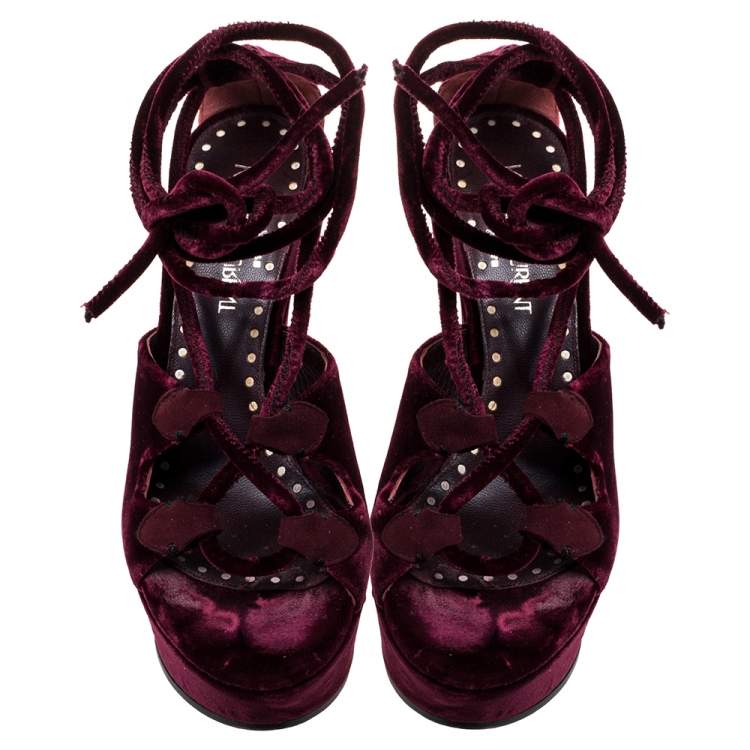 Pre Owned Saint Laurent Paris Burgundy Velvet Lace Up Platform Wedge Sandals Size 36