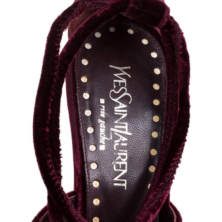 Pre Owned Saint Laurent Paris Burgundy Velvet Lace Up Platform Wedge Sandals Size 36