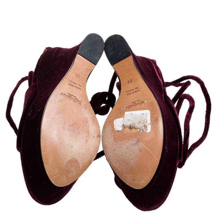 Pre Owned Saint Laurent Paris Burgundy Velvet Lace Up Platform Wedge Sandals Size 36