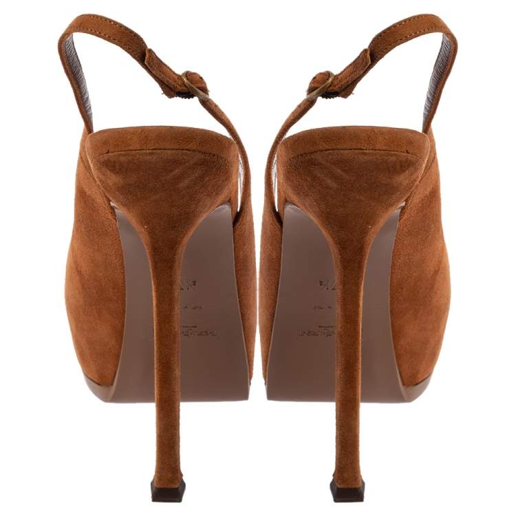 Pre Owned Saint Laurent Paris Brown Suede Tribtoo Slingback Sandals Size 37.5