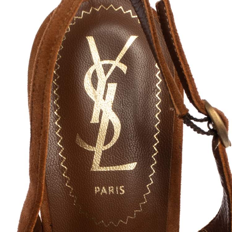 Pre Owned Saint Laurent Paris Brown Suede Tribtoo Slingback Sandals Size 37.5