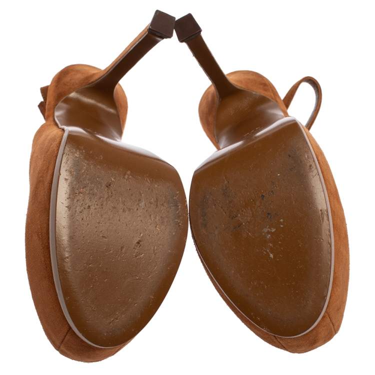 Pre Owned Saint Laurent Paris Brown Suede Tribtoo Slingback Sandals Size 37.5