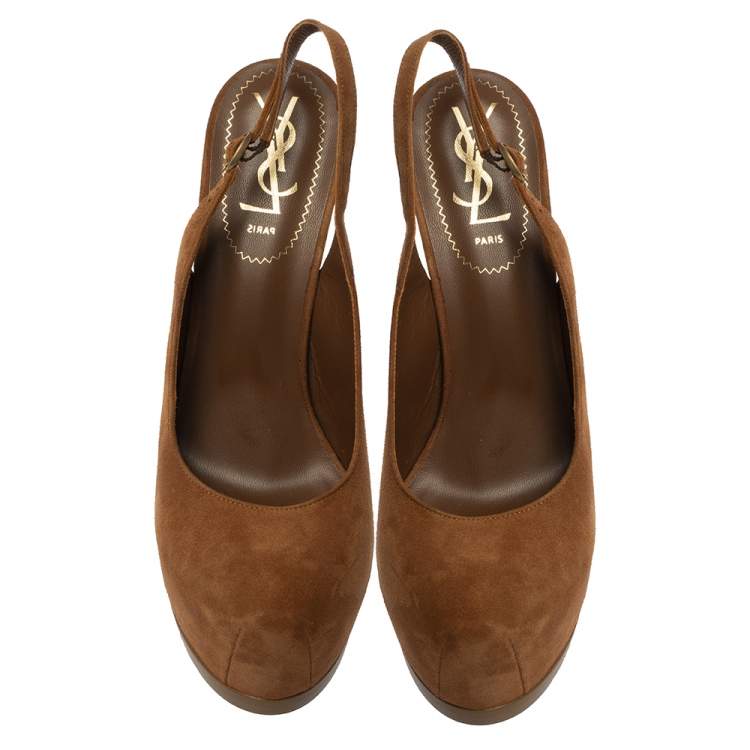 Pre Owned Saint Laurent Paris Brown Suede Tribtoo Slingback Sandals Size 37.5