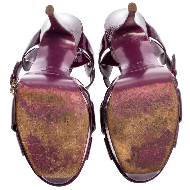 Pre Owned Saint Laurent Paris Purple Patent Leather Tribute Platform Sandals Size 38