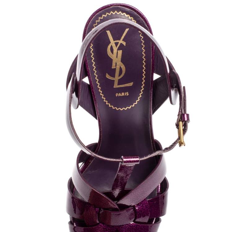 Pre Owned Saint Laurent Paris Purple Patent Leather Tribute Platform Sandals Size 38