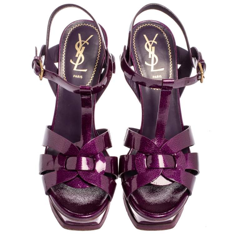 Pre Owned Saint Laurent Paris Purple Patent Leather Tribute Platform Sandals Size 38