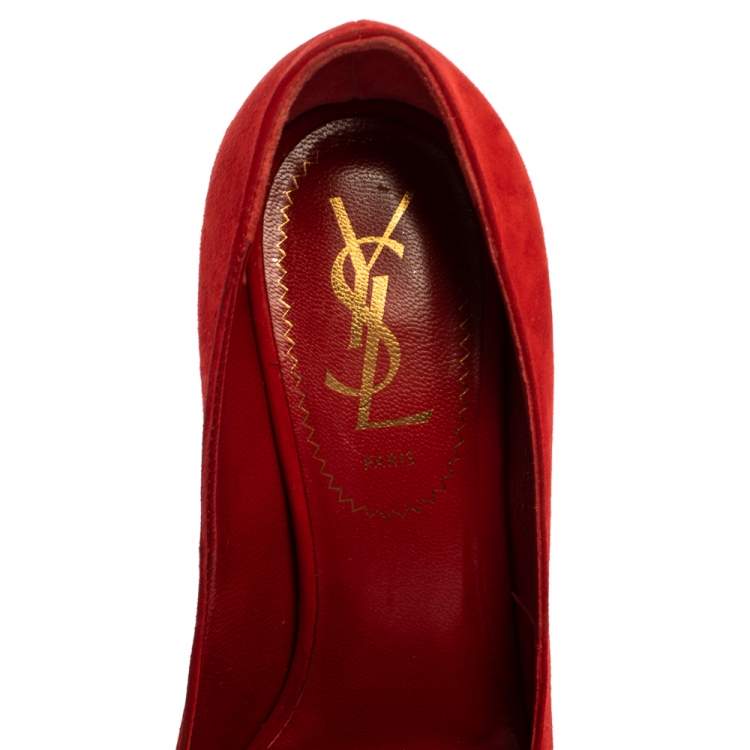 Pre Owned Saint Laurent Paris Red Suede Leather Tribtoo Platform Pumps Size 35