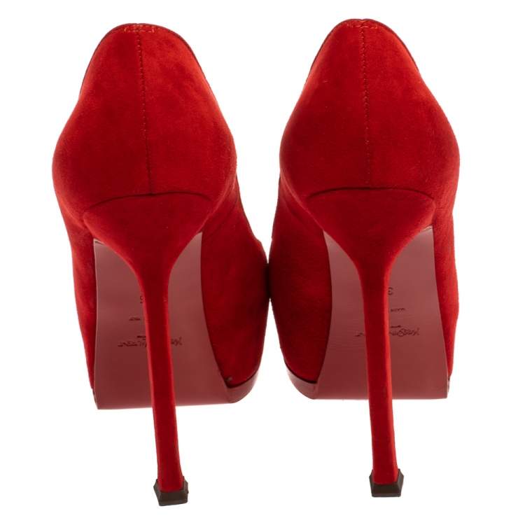 Pre Owned Saint Laurent Paris Red Suede Leather Tribtoo Platform Pumps Size 35