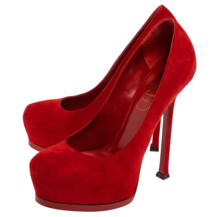 Pre Owned Saint Laurent Paris Red Suede Leather Tribtoo Platform Pumps Size 35